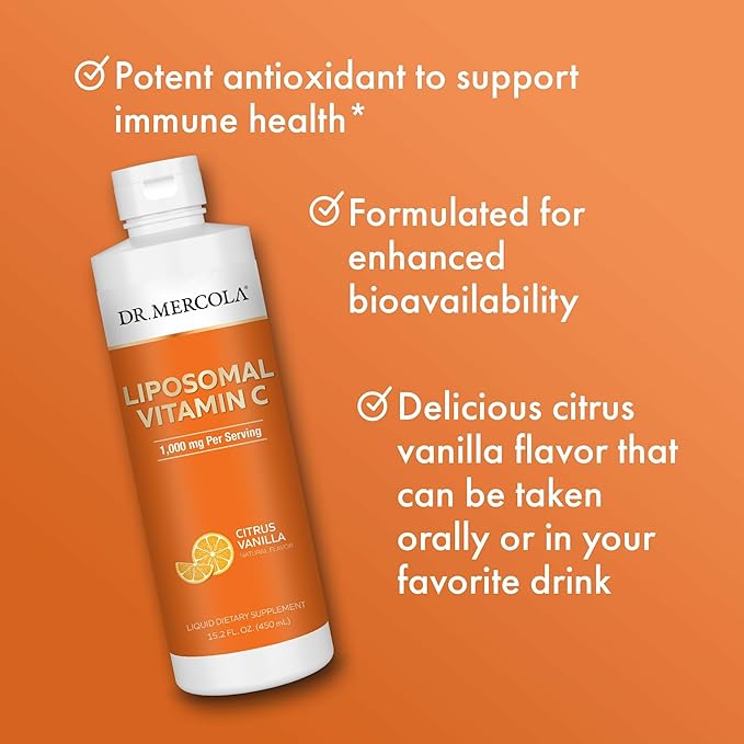 Dr. Mercola Liquid Liposomal Vitamin C - Antioxidant & Immune Support Supplement - Includes Vitamin E - GMO-Free, Gluten-Free & Soy-Free - Citrus Vanilla Flavor - 450 mL (30 Servings)
