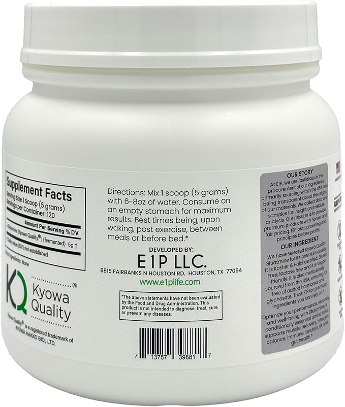 L-Glutamine 600grams (120 Servings) Unflavored, Non-GMO, Vegan Fermented, Third-Party Lab Tested. Made with Halal and Kosher Certified Ingredients.