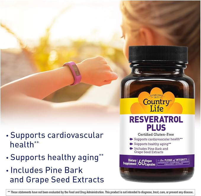Country Life Resveratrol Plus 1000mg - Organic Antioxidant Supplement with Pine Bark & Grape Seed Extracts - Vegan, Gluten-Free, Non-GMO