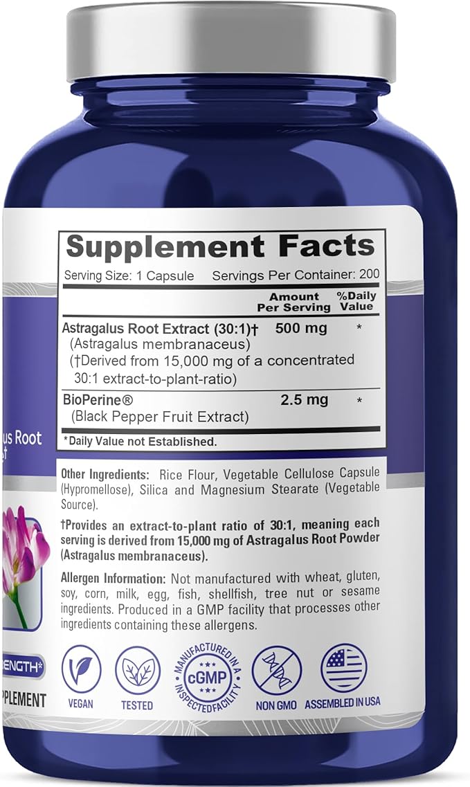 NusaPure Astragalus Root 30:1 Extract, 500 mg Equivalent to 15,000 mg 200 Veg Caps Suitable for Vegetarians and Vegans, Non-GMO