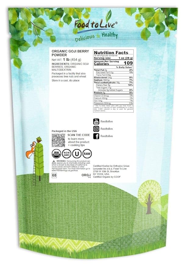 Food to Live Organic Goji Berry Powder, 1 Pound Non-GMO, Kosher, Vegan, Bulk, Contains Maltodextrin