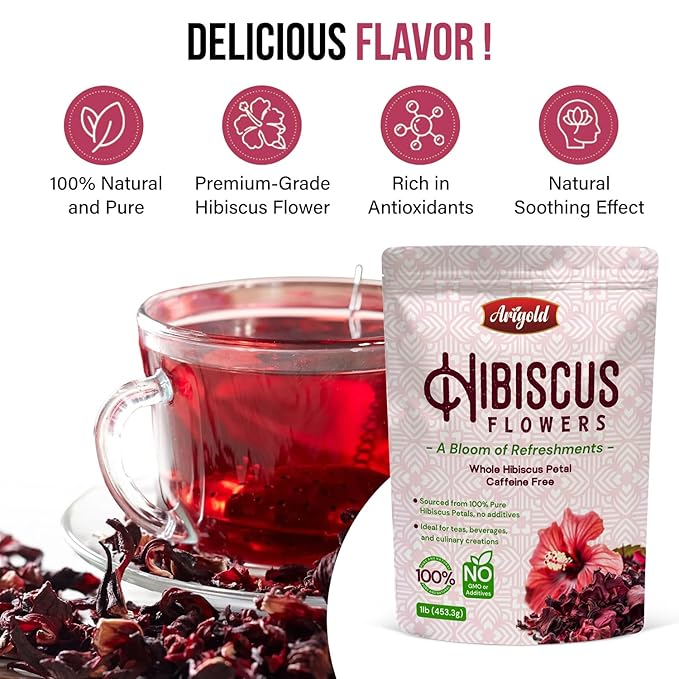 Arigold Pure Whole Petals Hibiscus Tea 1lb ā Organic Dried Hibiscus Flowers,Flor de Jamaica, Hibiscus Sabdariffa, Bissap, Sorrel, hibiscus tea loose leaf Herbal Tea for Agua Fresca, Cocktails, Iced Tea & Hot Tea | Caffeine-Free & Rich in Antioxidants.