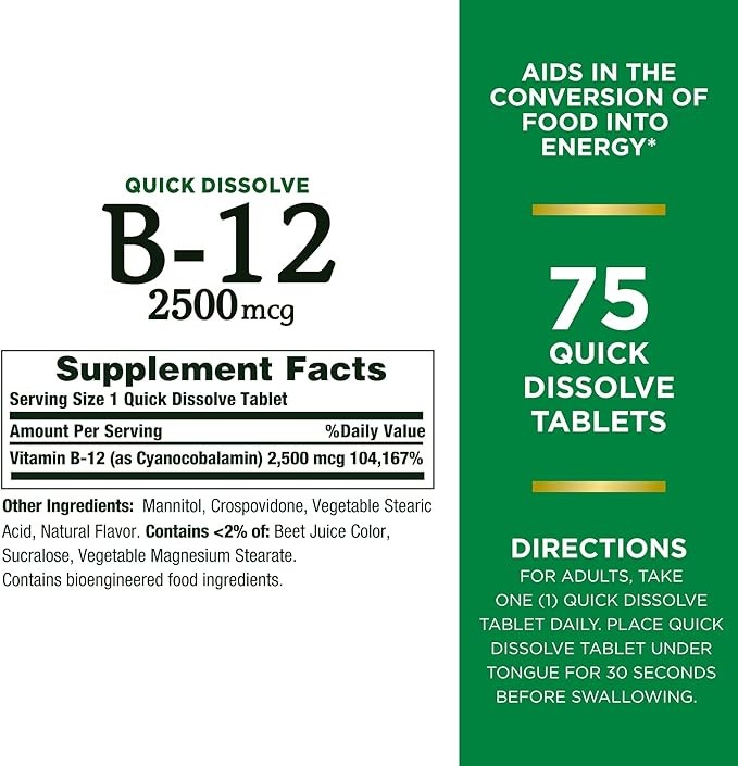 Nature's Bounty Vitamin B12 2500 mcg, Cellular Energy Support, for Energy Metabolism, Heart & Nervous System Health, 75 Quick Dissolve Tablets
