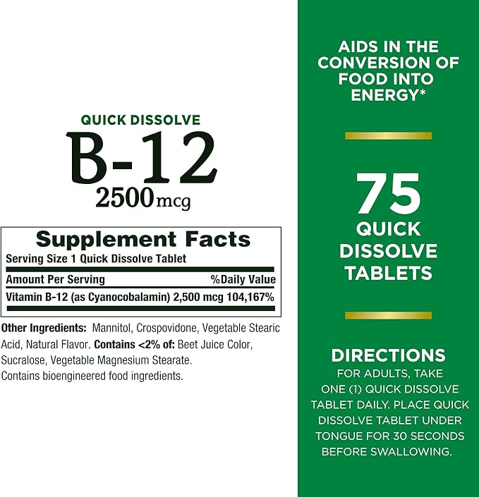 Nature's Bounty Vitamin B12 2500 mcg, Cellular Energy Support, for Energy Metabolism, Heart & Nervous System Health, 75 Quick Dissolve Tablets