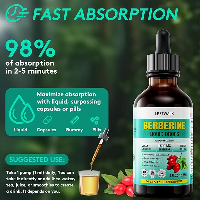 4 FL Oz Organic Berberine Liquid Drops, Premium Berberine Supplement Liquid with Ceylon Cinnamon, Bitter Melon, Sugar-Free & Vegan Supplement, 98% Absorption,120ML