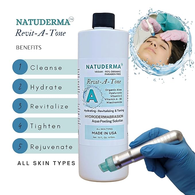 Hydrodermabrasion Solutions | Revitalizing Antioxidant Serum for Hydro Dermabrasion Machine and Oxygen Facial, Revita-A-Tone, 16 oz | and Hyaluronic Acid Serum with Vitamin C, 1oz, by Natuderma