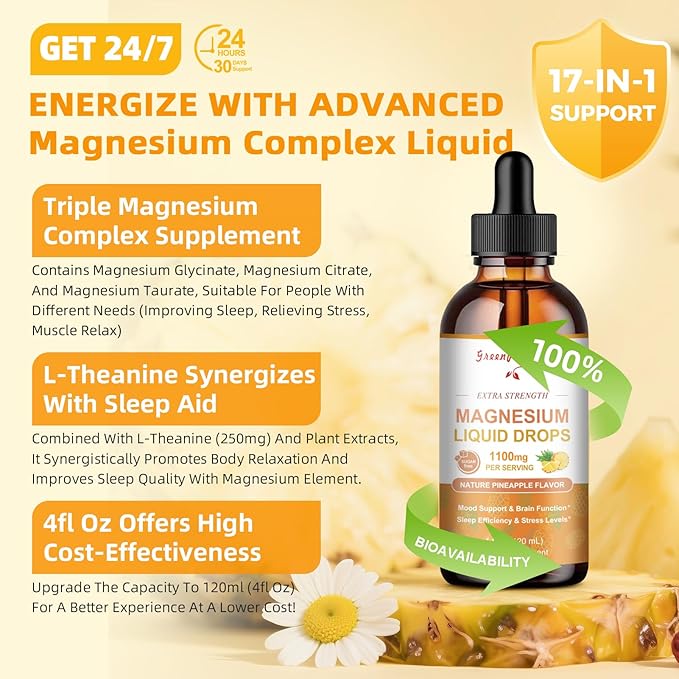 17-in-1 Triple Magnesium Complex Supplement,Magnesio Liquid Drops with Magnesium Glycinate & Citrate,Pineapple Flavor,Calm Mood,Muscle & Sleep for Adults,4 fl. oz 2Pack