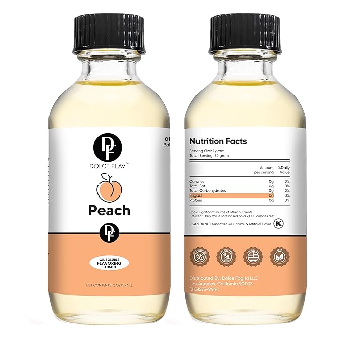 Dolce Flav Peach Extract – 2 Ounce Oil-Soluble Kosher, Sugar-Free, Concentrated Juicy Peach Flavoring for Baking, Chocolates & Desserts, Includes Measured Dropper