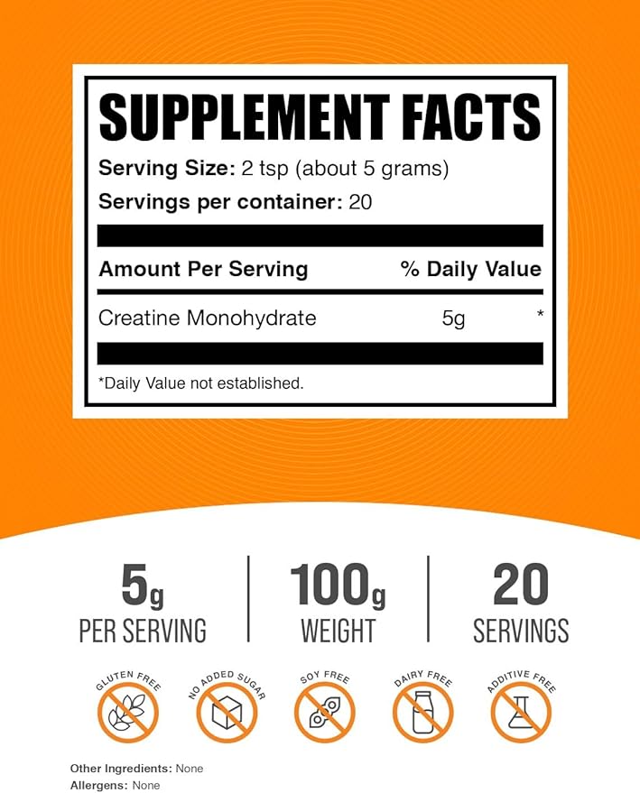 BulkSupplements.com Creatine Monohydrate Powder - Micronized Creatine Powder, Unflavored - Pure & Gluten Free, 5g (5000mg) per Servings, 100g (3.5 oz) (Pack of 1)