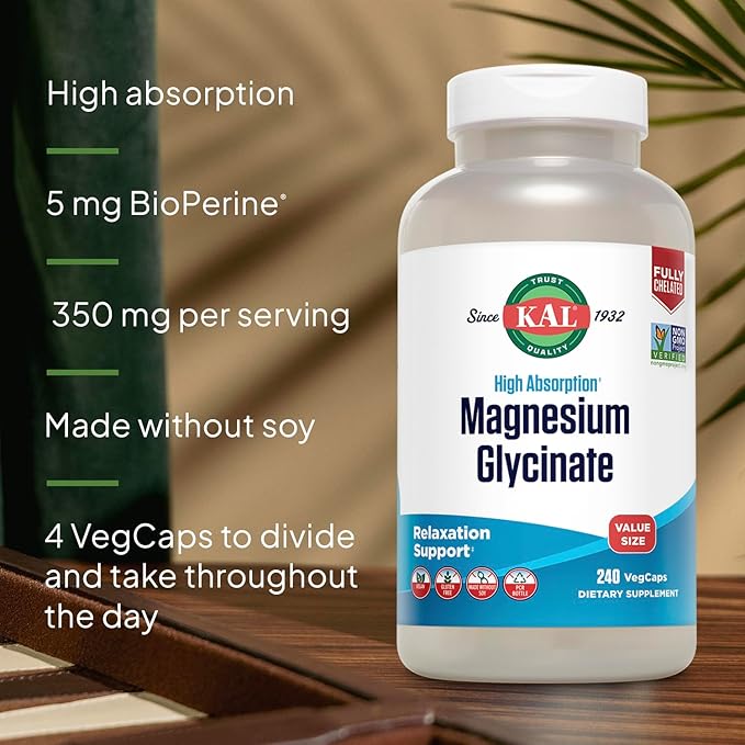 KAL Magnesium Glycinate, New & Improved Fully Chelated High Absorption Formula with BioPerine, Bisglycinate Chelate for Stress, Relaxation, Muscle & Bone Health Support, 60 Servings, 240 VegCaps