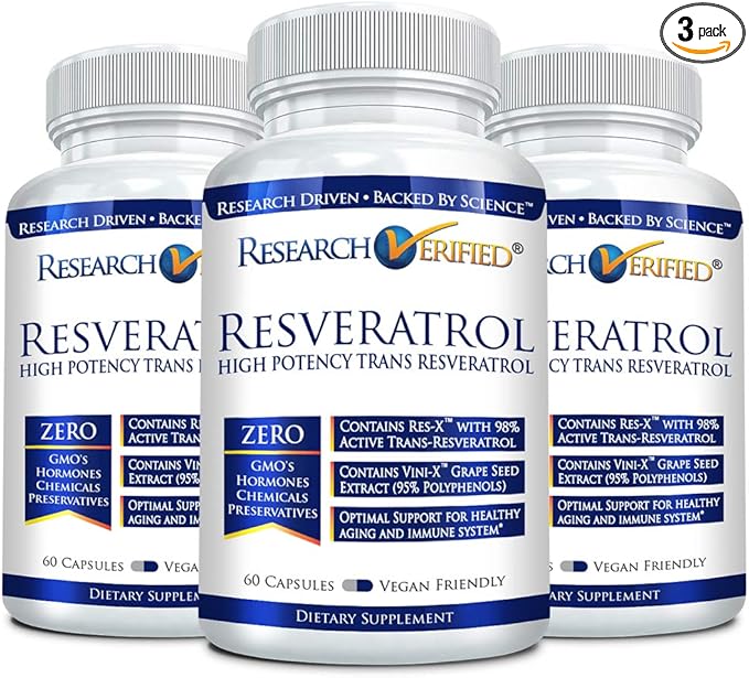 Research Verified Resveratrol - 98% Trans-Resveratrol 1000 mg, Anti-Aging Support - 60 Capsules per Bottle - 3 Bottles