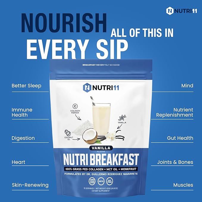 NutriBreakfast by Nutrillermo/Keto Protein Collagen Powder with MCT Oil/MCT Oil Powder with Collagen/Keto Collagen Peptides Powder with Grass-Fed Bovine Collagen Type I & III (15.9, Vanilla)