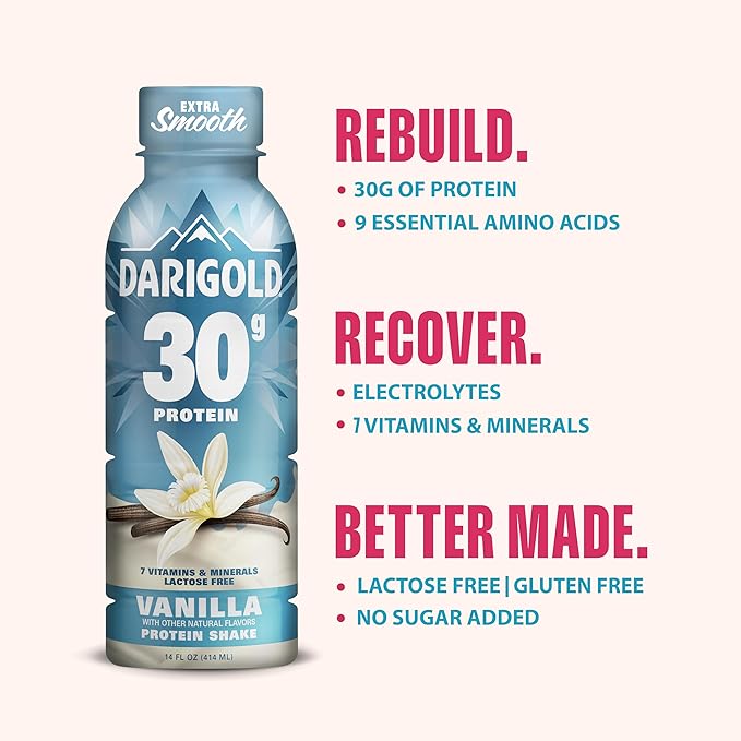 Darigold Ready to Drink Vanilla Protein Shake, 30g Protein, No Added Sugar, Lactose Free, Only 160 Calories. Electrolytes, Gluten Free - 14oz bottles 12 pack