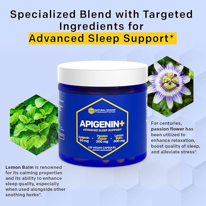 NATURAL STACKS Apigenin Supplement for Sleep - 50mg Apigenin & 600mg Lemon Balm - Melatonin Free Sleep Aid - with Passion Flower Extract for Stress Relief - 120 Lemon Balm Capsules