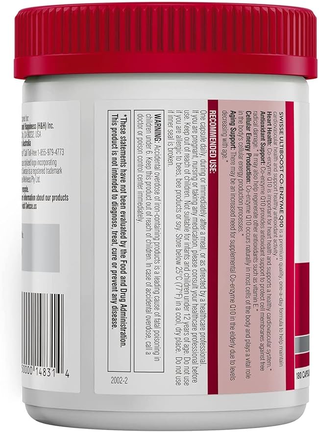 Swisse CoQ10 Supplement Co-Enzyme Q10 | 6 months Supply| Coenzyme Q10 Supports Heart Health and Ubiquinol Cellular Energy Production | CQ10 Antioxidant Support| Co Q 10 Supplement 135mg | 180 Softgels
