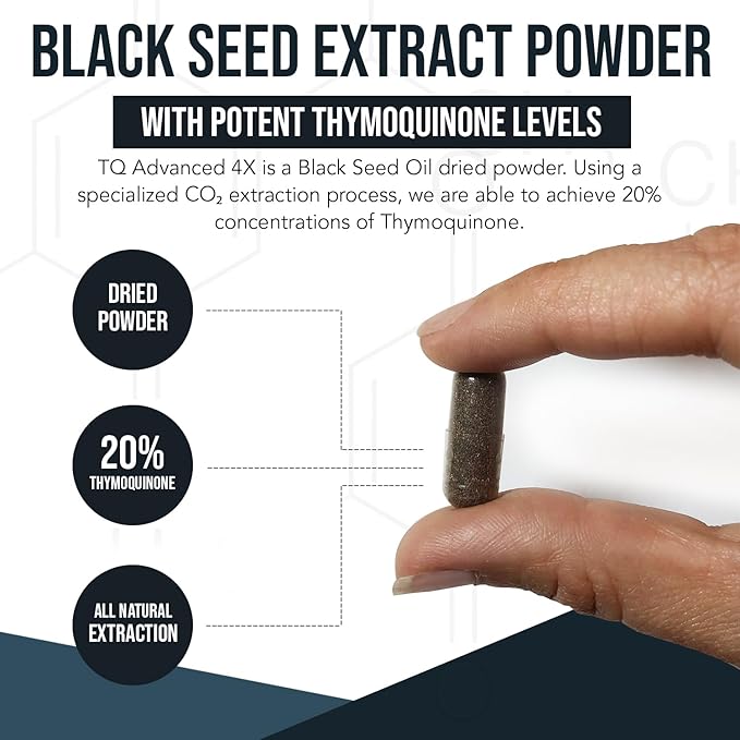 20% Thymoquinone Black Seed Oil Extract Capsules - TQ-Advanced 4X®: Potent Thymoquinone Concentration Available Concentrate from Nigella Sativa, Raw Form, Vegan, Glass Bottle (25 mg - 60 Capsules)
