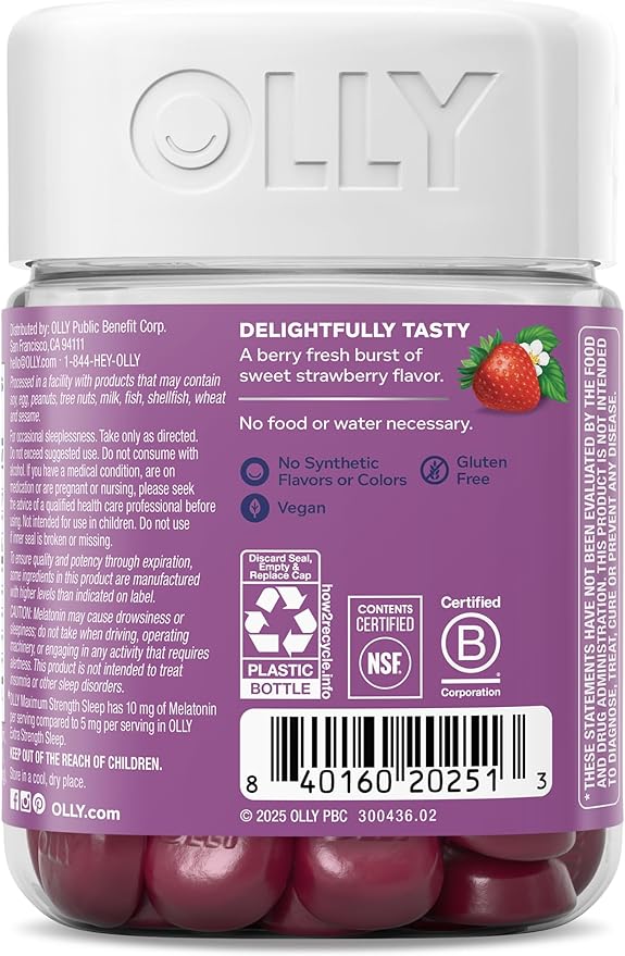 OLLY Max Strength Sleep Gummy, 10mg Melatonin, L-Theanine, Chamomile, Lemon Balm, Sugar Free, Vegetarian Sleep Aid, Strawberry - 50 Count
