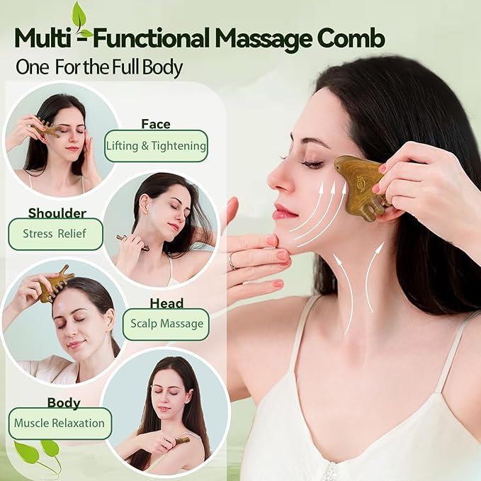 4-in-1 Gua Sha Tool for Face & Body, Natural Green Sandalwood โ Lymphatic Drainage, Jaw Lifting & Nose Sculpting, Head Massage Comb for Stress Relief, Home Office Self Care Gifts for Mom Girl Friend