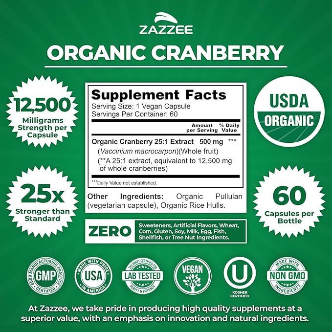 Zazzee USDA Organic Cranberry 25:1 Extract, 500 mg per Capsule, 60 Vegan Capsules, 2 Month Supply, Standardized, Concentrated 25X Extract, 100% Vegetarian, Certified Organic, Non-GMO All-Natural