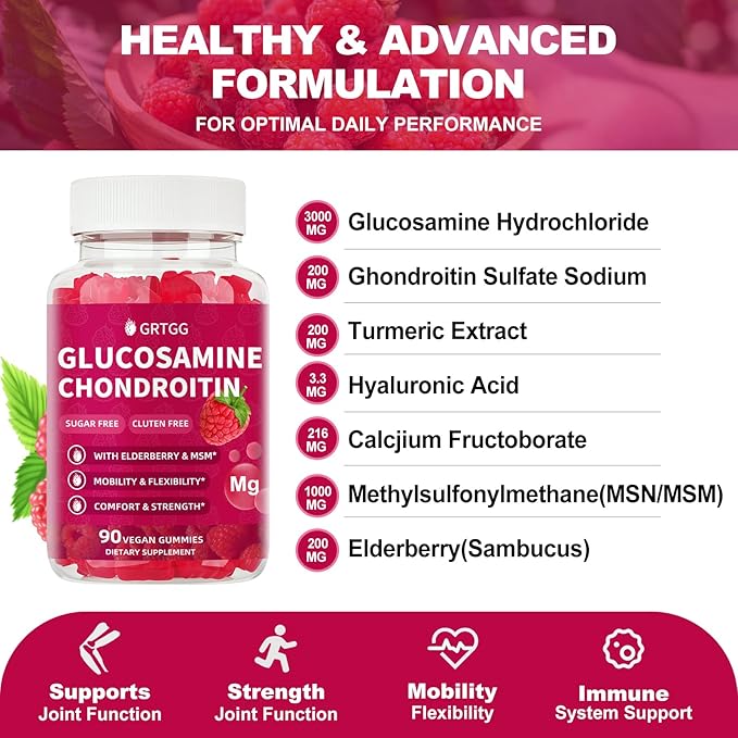Glucosamine Chondroitin Gummies with MSM & Elderberry Extra Strength 3000MG - Joint Support, Antioxidant Immune Support Supplement for Adults, Men & Women - 90 Raspberry Gummies