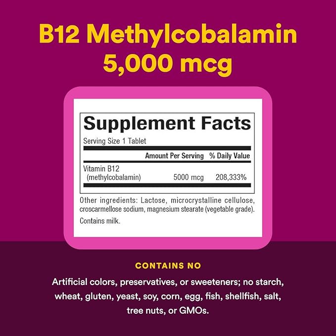 Natural Factors, Vitamin B12 Methylcobalamin 5000 mcg, Chewable Support for Energy and Immune Health, Vegetarian, 60 tablets (60 servings)