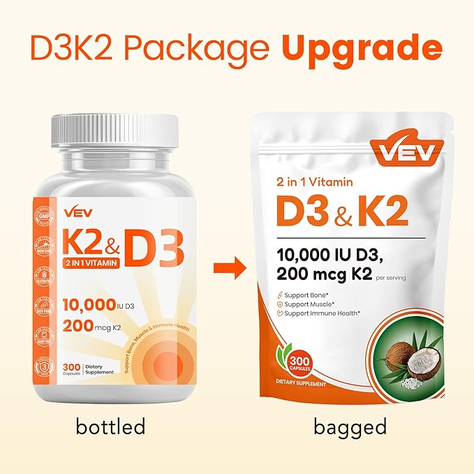 VEV Vitamin D3 K2, 10,000 IU D3, 200mcg K2 (with MK7) Corefeel, Supports Bone and Teeth Health, Dual Nutrient Support for Daily Wellness, Easy to Swallow – 300 Capsules