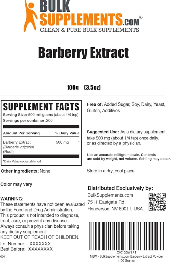 BulkSupplements.com Barberry Extract Powder - Barberry Sypplement, Herbal Supplement - Vegan & Gluten Free, 500mg per Serving, 100g (3.5 oz) (Pack of 1)