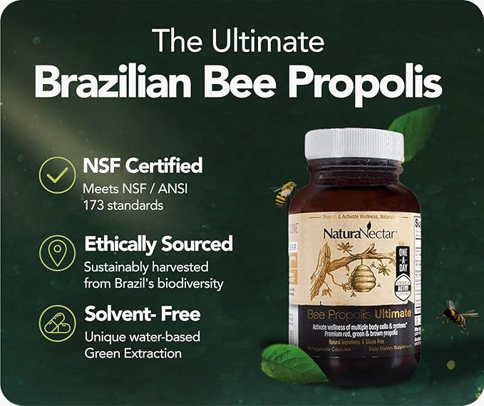 NaturaNectar - Ultimate Bee Propolis Capsules - NSF Contents Certified -Brazilian Red, Brown, & Green - Gluten-Free Supplement with Flavonoids - Naturally Sourced Through Ethical Beekeeping (60pcs.)