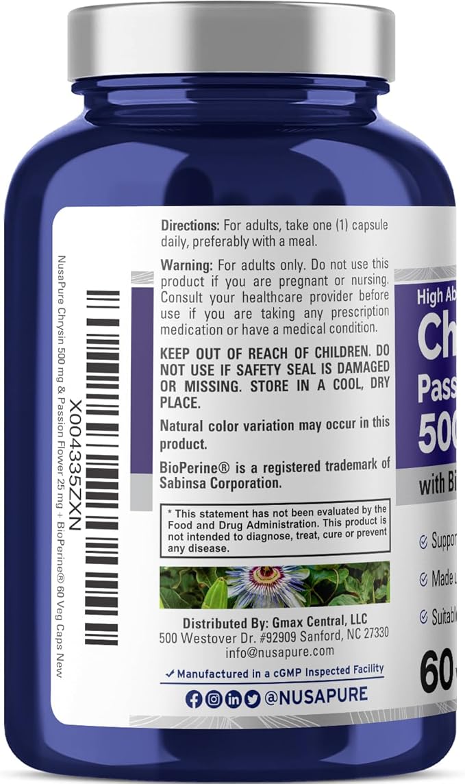 NusaPure Chrysin 500mg, 60 Veggie Capsules | Passion Flower Complex 500mg Supplement | 5, 7-Dihydroxyflavone | Concentrated Extract | Non-GMO, BioPerine