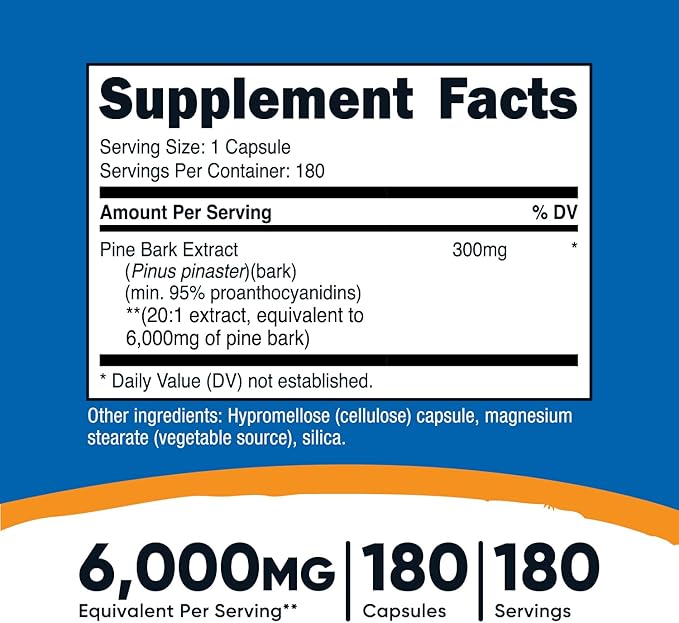 Nutricost Pine Bark Extract 6000mg Equivalent (from 300mg of 20:1 Extract), 180 Capsules, Standardized to Contain 95% Proanthocyanidins - Vegetarian, Non-GMO and Gluten Free