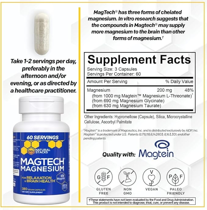 NATURAL STACKS Dopamine Brain Food + Magtech Magnesium Supplement Bundle - Supports Focus, Relaxation & Memory* - 240 Total Capsules