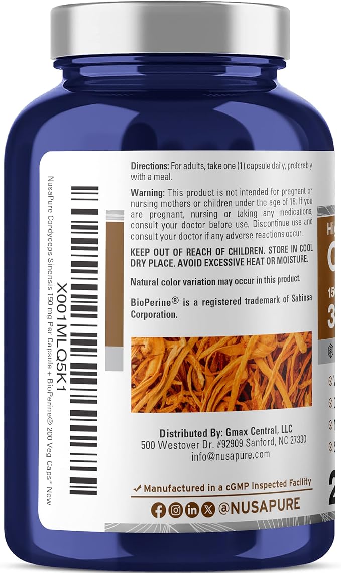NusaPure Cordyceps 20:1 Extract, 150 mg Equivalent to 3,000mg 200 Veggie Capsules (Sinensis CS-4, Non-GMO, Vegan) Bioperine