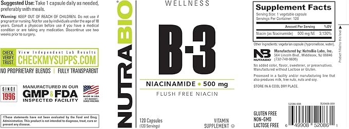 NutraBio Niacinamide Supplement for Normalized Blood Lipids, Better LDL & HDL Levels, Flush Free Vitamin B3, 500mg - 120 Vegetable Capsules