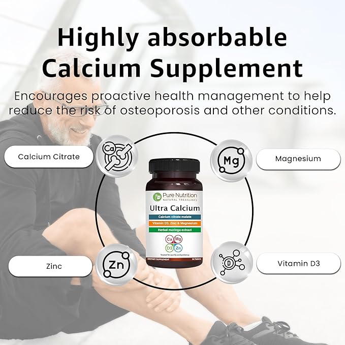 Pure Nutrition Ultra Calcium 1000mg with VIT D3 + K2 | 180 Tabs (90 X Pack of 2) | Highly absorbable Calcium Supplement with Calcium Citrate Malate, VIT D3, K2, Moringa Oleifera, Magnesium and Zinc.