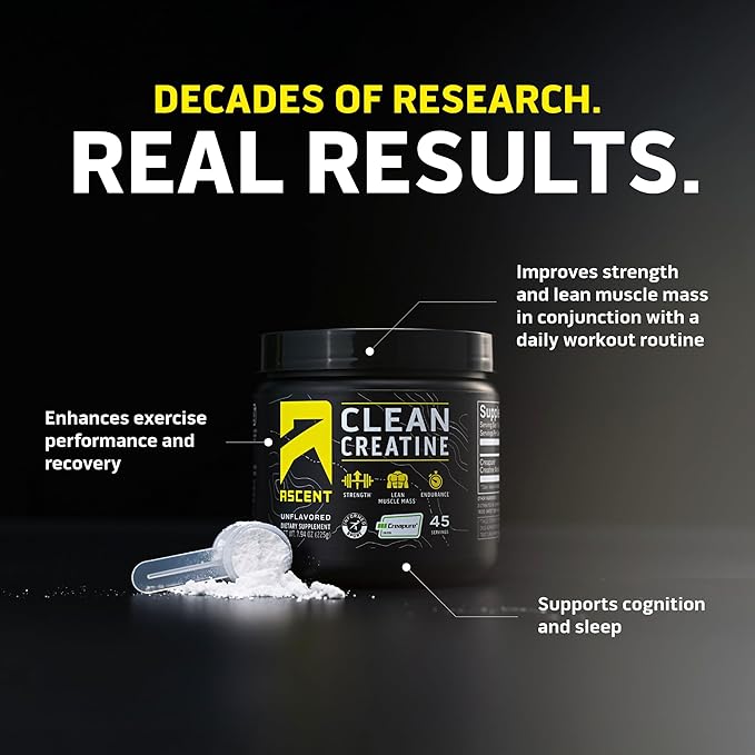 Ascent Clean Creatine Monohydrate Powder - 5G Per Serving, Creapure Supplement - Unflavored, 45 Servings