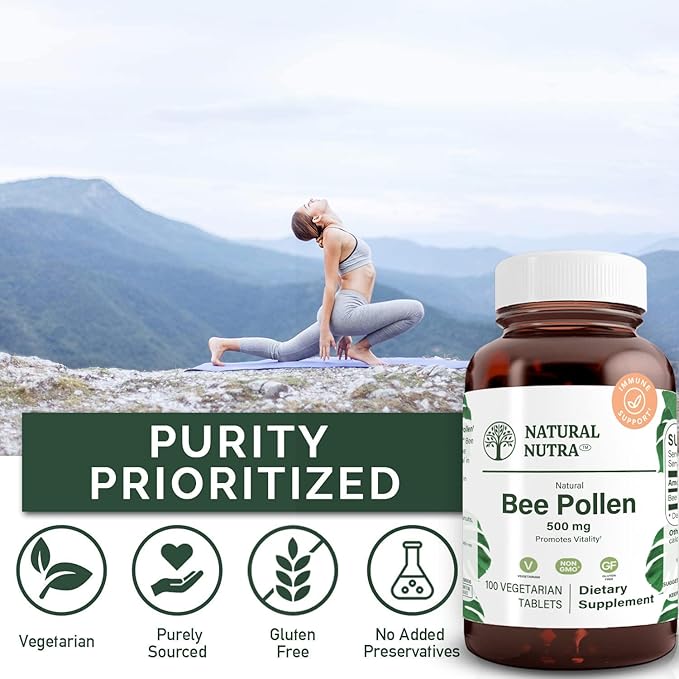 Natural Nutra Bee Pollen 500 mg, Gluten-Free Vegetarian Supplement, Helps Promotes Vitality, Energy Boost, Skin Health, Boost Stamina, Nutritional Supplement, 100 Tablets