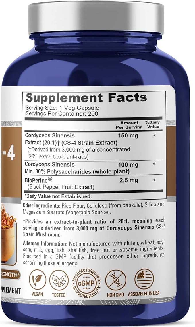 NusaPure Cordyceps 20:1 Extract, 150 mg Equivalent to 3,000mg 200 Veggie Capsules (Sinensis CS-4, Non-GMO, Vegan) Bioperine