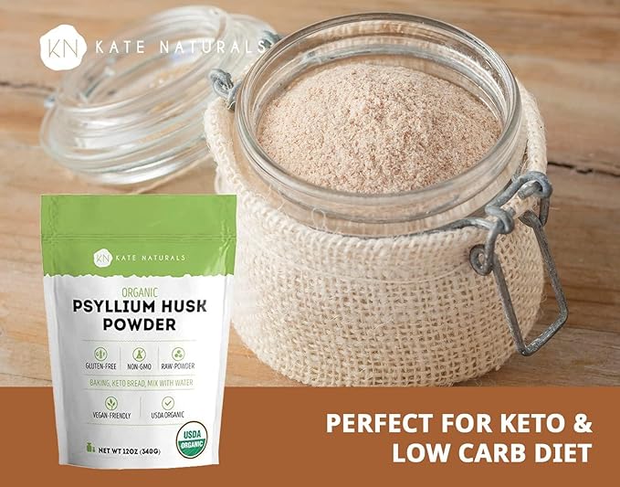 Kate Naturals Psyllium Husk Powder for Baking, Fiber & Digestion. Psyllium Seed Powder for Dogs & Cats (12oz, Organic, Gluten Free, Pet Safe)