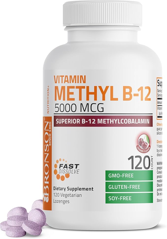Bronson Methyl B12 5000 mcg Vitamin B12 Methylcobalamin Energy & Brain Support, 120 Lozenges