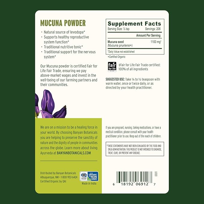 Banyan Botanicals Kapikacchu Powder, 1/2 Pound - USDA Organic - Mucuna pruriens - Natural Source of L-dopa*