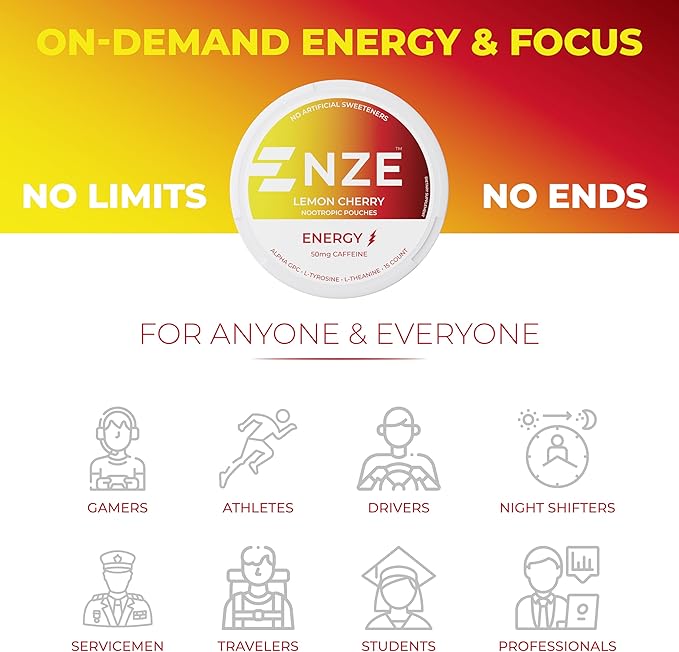 NZE Caffeine Nootropic Pouches (Lemon Cherry) - Energy Pouches with 50mg Caffeine, Alpha GPC, L-Tyrosine & L-Theanine No Sugar or Artificial Sweeteners - 15 Nicotine Free Pouches Per Can - 5 Pack