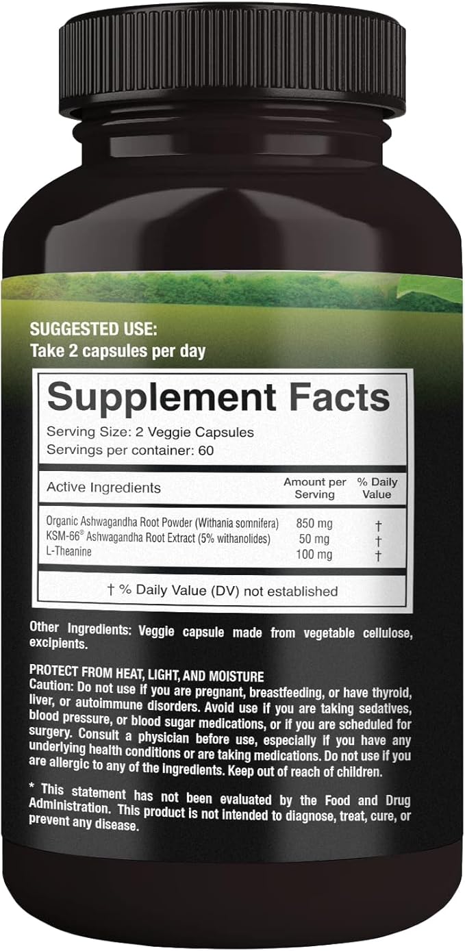 Organic Ashwagandha Capsules 500 mg with KSM-66® & L-Theanine, 120 Veggie Capsules – Non-GMO, Gluten-Free, Soy-Free – Withania Somnifera Herbal Supplement