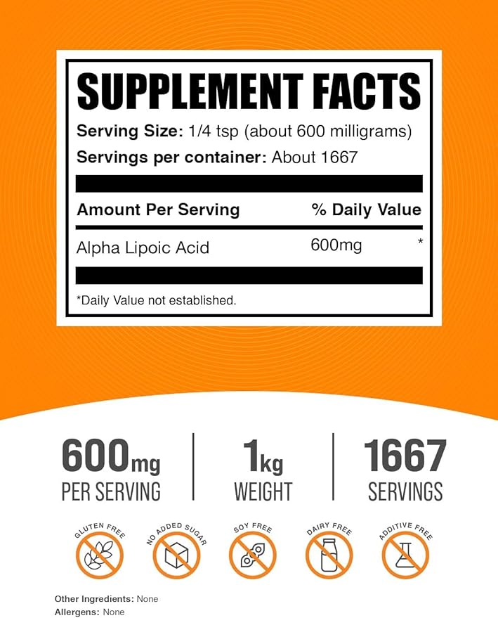 BulkSupplements.com Alpha Lipoic Acid Powder - ALA Supplement, Antioxidant Supplement - Gluten Free, 600mg per Serving, 1kg (2.2 lbs) (Pack of 1)