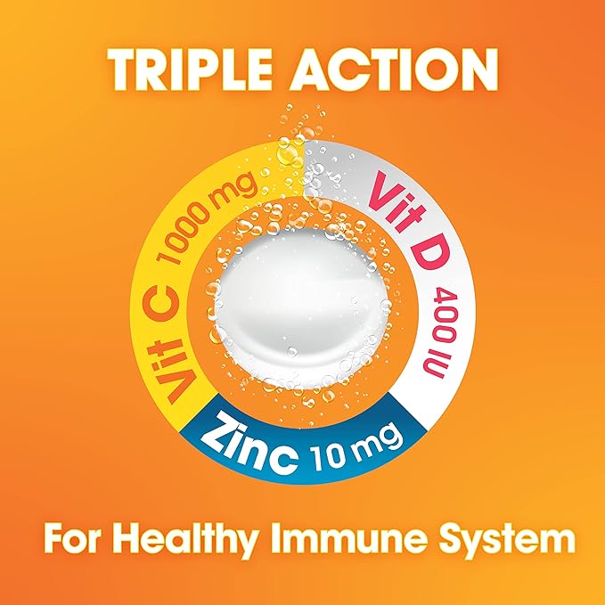 nutrazul Immune Triple Action Effervescent Tablets - Vitamin C 1000 mg, Vitamin D 400 IU, Zinc 10mg I Orange (Pack of 5X20) | Gluten Free, Sugar Free, Lactose Free & Preservative Free