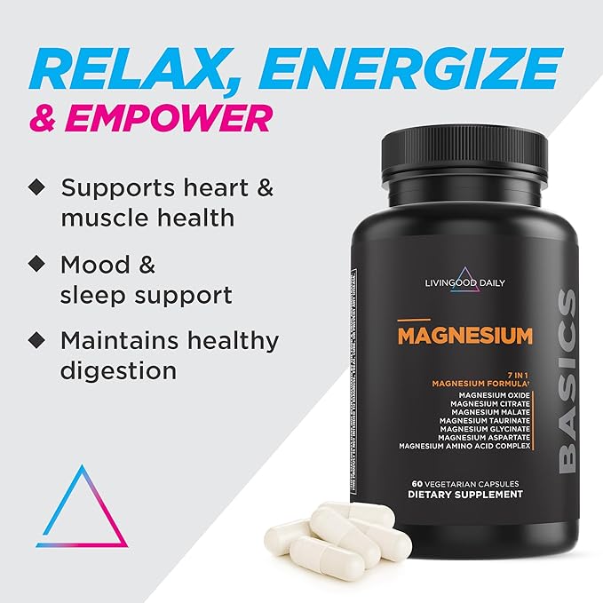 Livingood Daily Magnesium Supplement with Magnesium Glycinate, Citrate, Malate, Oxide, Aspartate, Amino Acid Complex and Chicory Root for Heart Health, Sleep and Muscle Support, 300mg, 60 Capsules