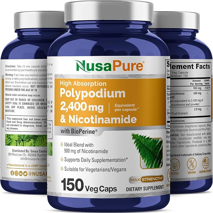 NusaPure Nicotinamide 500mg Polypodium Leucotomos Extract 2400mg per Vegan Caps - 150 Count (Non-GMO, Gluten Free, Bioperine)