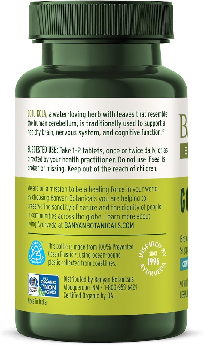 Banyan Botanicals Gotu Kola (Centella Asiatica) – Organic Adaptogen & Nootropic Brain Support Supplement for Healthy Memory & Concentration* – 90 Tablets – Fairly Traded Sustainably Sourced Vegan