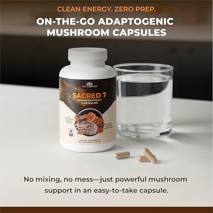 Naturealm Sacred 7 Organic Mushroom Extract Capsules - Premium 7 Mushroom Supplement with Lions Mane, Reishi, Chaga - USDA Organic Immune Support & Focus - 90 Vegetarian Capsules