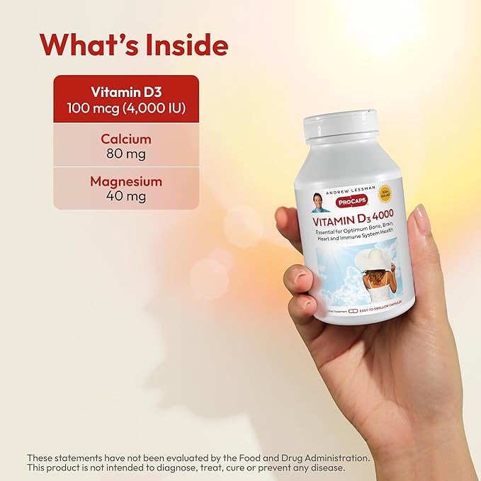 ANDREW LESSMAN Vitamin D3 4000 IU 720 Capsules - High Potency, Essential for Calcium Absorption, Supports Bone Health, Healthy Muscle Function, Immune System, More. Small Easy to Swallow Capsules