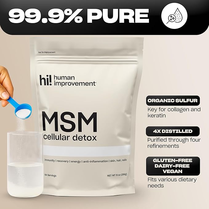 Pure MSM Powder | Organic Sulfur Powder for Skin, Hair, and Nails | Cellular Detox, Joint Health, Immune Boost, & Increased Energy | 99.9% Pure MSM Supplement | Made in the USA, 0g Sugar (64 Servings)